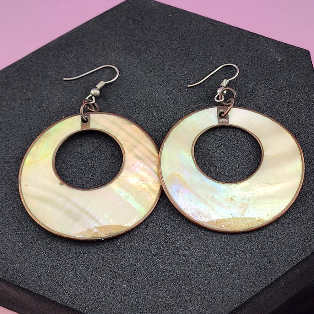 Iridescent Shell Open Circle Dangle Earrings Gold Cream Boho Statement